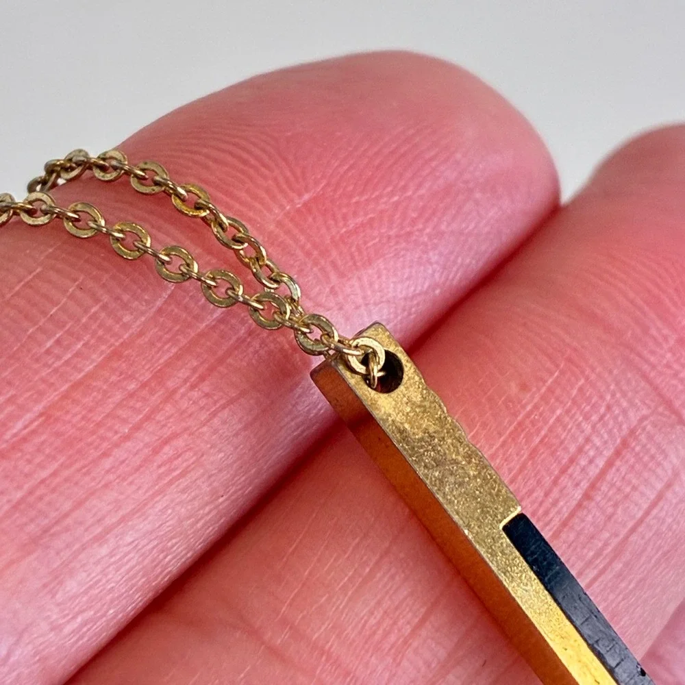 Vintage Gold Tone Necklace Black Bar Starburst Etched Pendant Mid Century Dainty